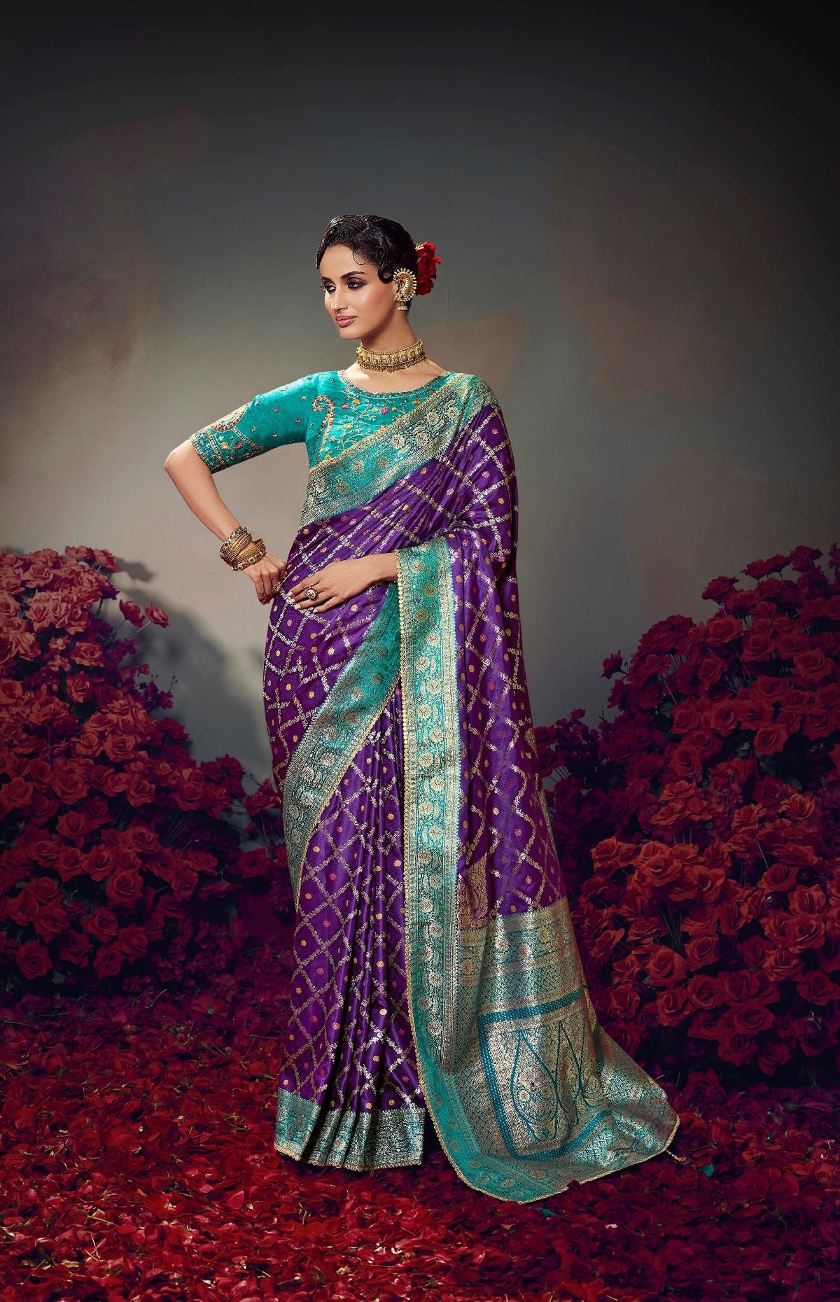 Purple Embroidery Work Satin Silk Saree