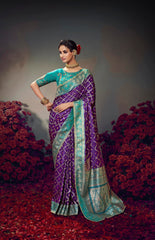 Purple Embroidery Work Satin Silk Saree