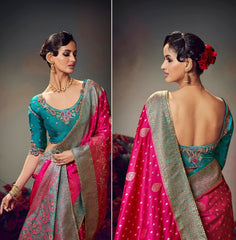 Dark Pink Embroidery Work Satin Silk Saree