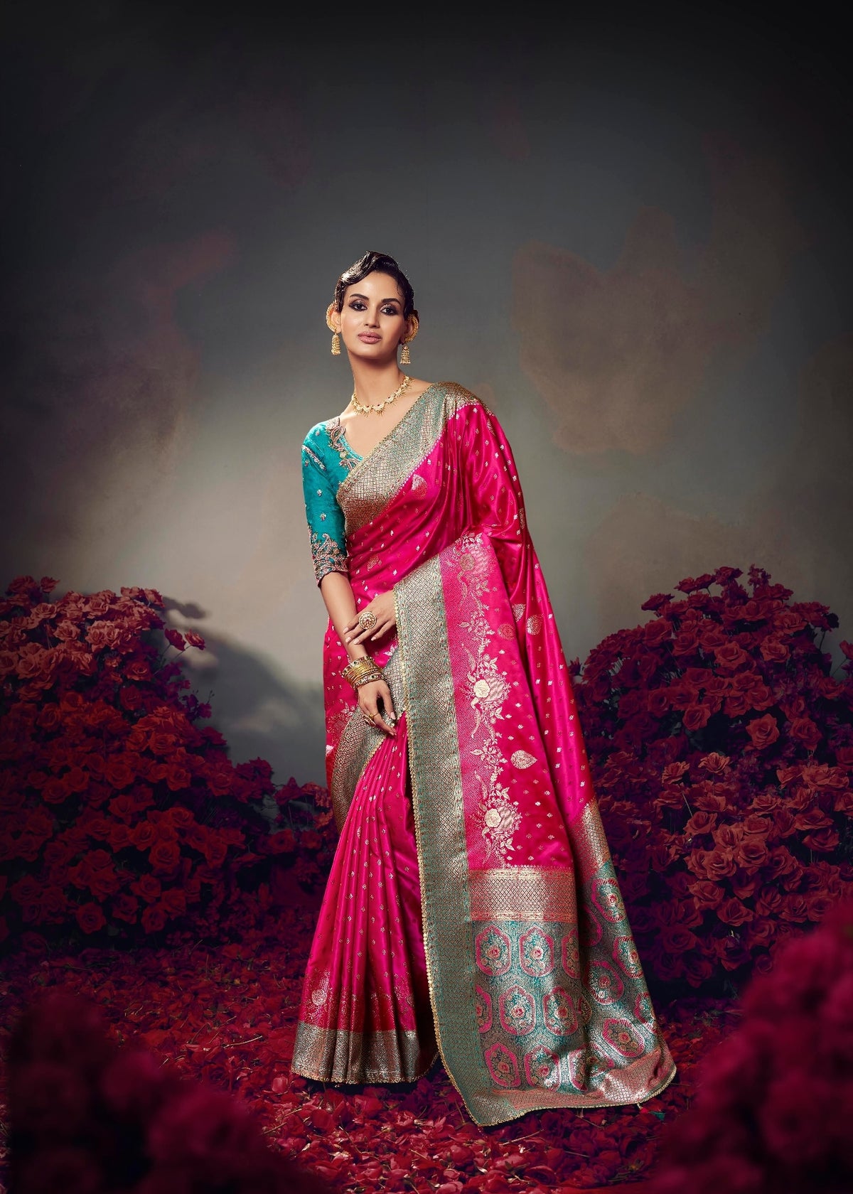 Dark Pink Embroidery Work Satin Silk Saree