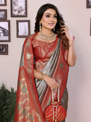 Woman wearing a red and gray saree with jewelry, standing against a wall with framed pictures.