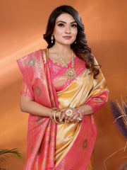 Model wearing a yellow and pink Paithani woven saree with a contrast border and traditional woven motifs, paired with a matching blouse in an indoor studio product image, Indian ethnic wear