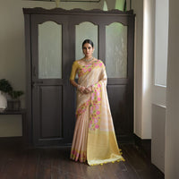 Pale Yellow Zari Work Soft Silk Saree