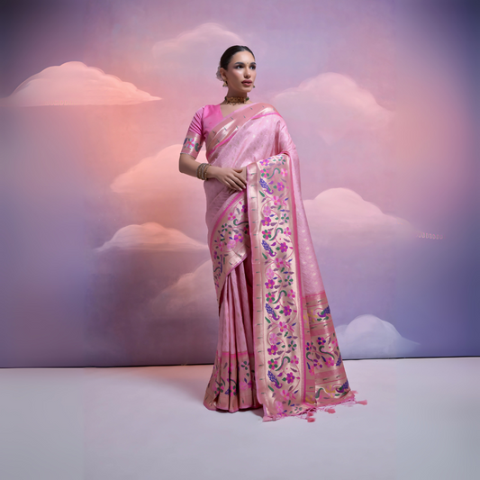 Woman wearing a pastel pink Banarasi silk saree with an intricate multicolor floral zari border and pallu, paired with a matching pink blouse and traditional jewelry, posing elegantly in a pastel-themed studio with dreamy cloud backgrounds