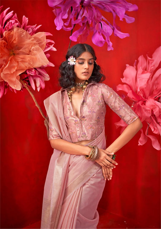 Pastel pink saree with zari work, handloom weaving by Rajtex