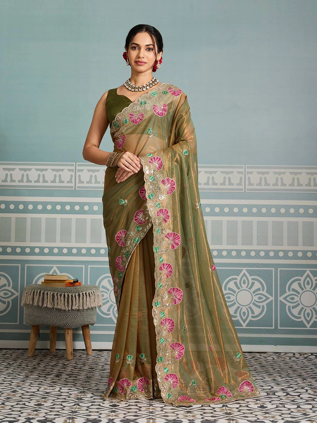 Olive Green Embroidery Work Soft Net Saree