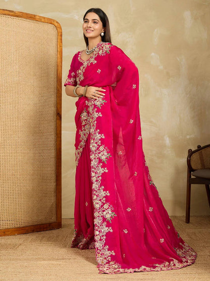 Dark pink Embroidery Work Soft Fendy Chiffon Saree
