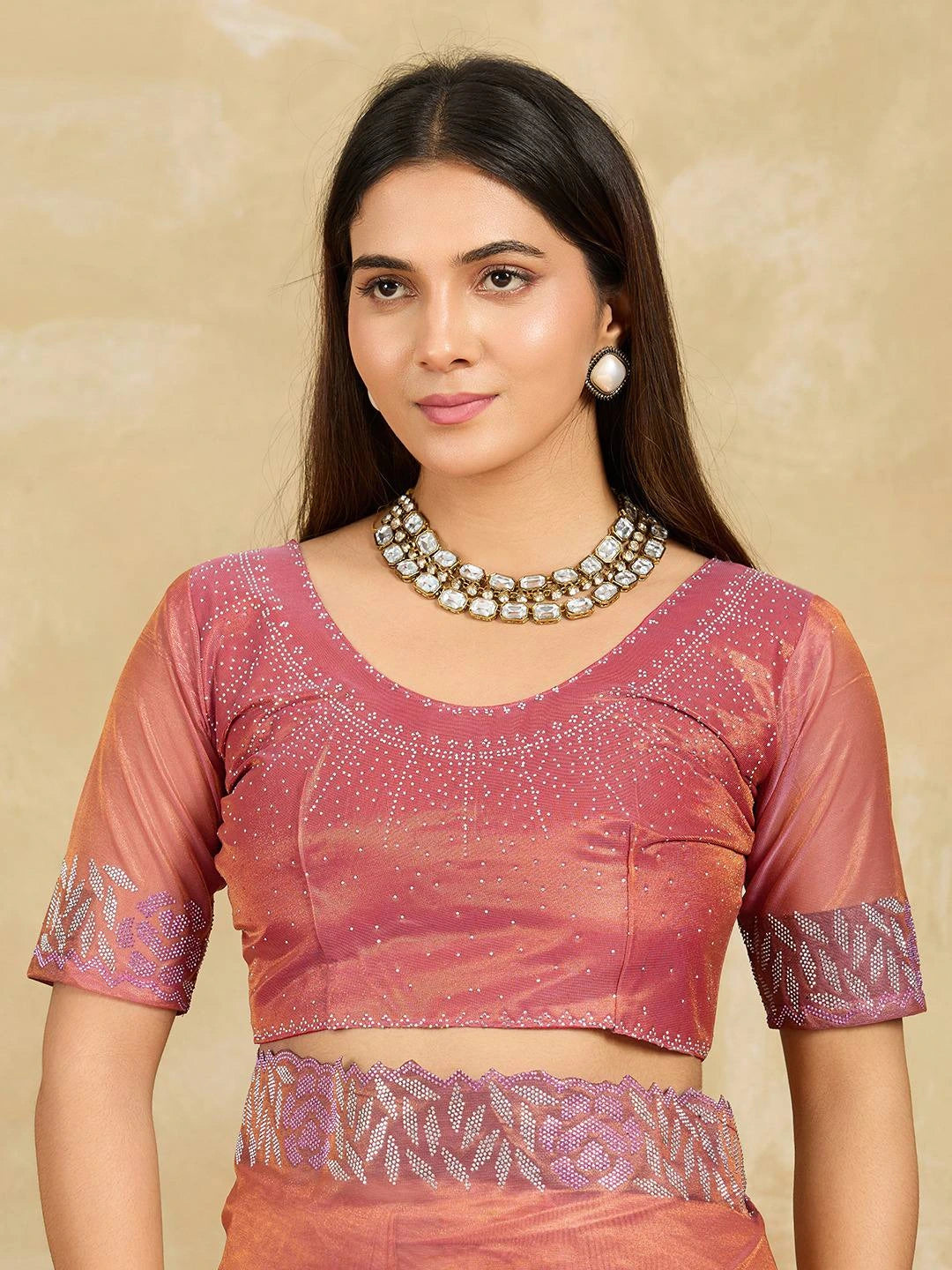 Soft Pink Swarovski Work Fendy Soft Net Saree