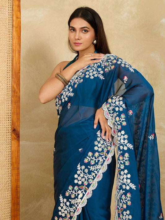 Navy Blue Embroidery Sequins Work Rangoli Silk Saree
