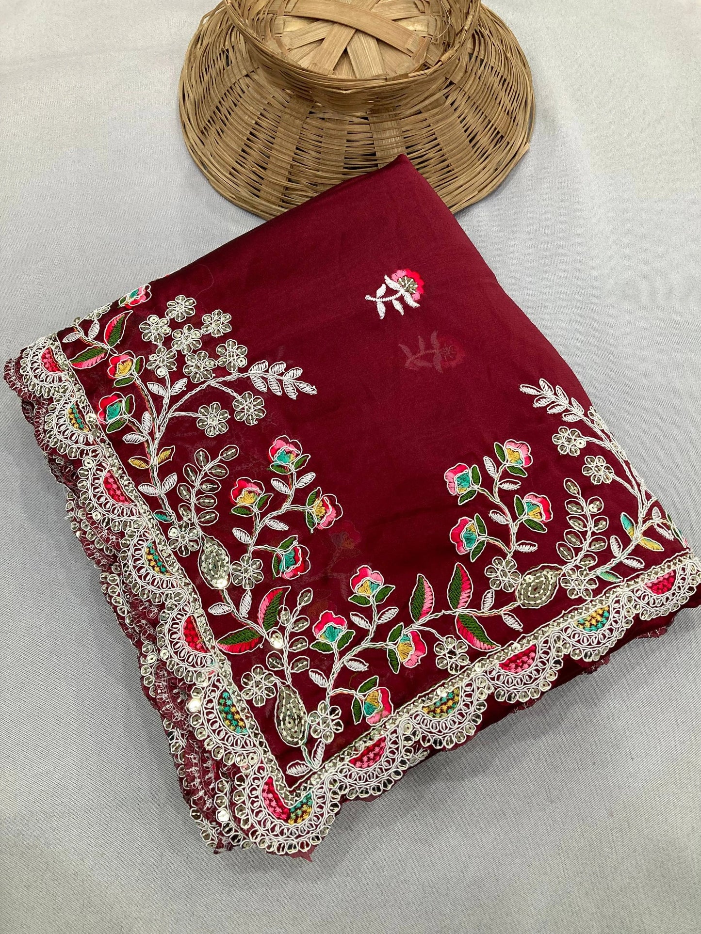 Maroon Embroidery Sequins Work Rangoli Silk Saree