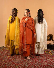 Orange Fancy Lace Border Natural Crepe Silk Suit