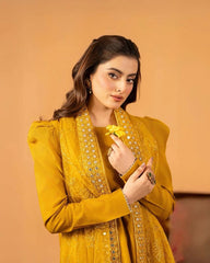 Musterd Yellow Fancy Lace Border Natural Crepe Silk Suit