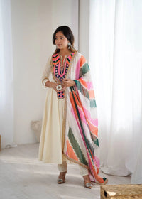 Off White Embroidery Sequins With Mirror Work Khadi Cotton Suit