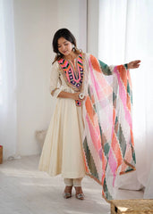 Off White Embroidery Sequins With Mirror Work Khadi Cotton Suit