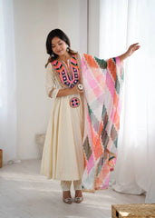 Off White Embroidery Sequins With Mirror Work Khadi Cotton Suit