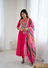 Dark Pink Embroidery Sequins With Mirror Work Khadi Cotton Suit