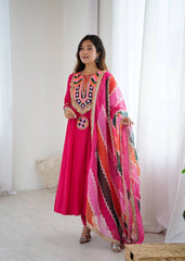 Dark Pink Embroidery Sequins With Mirror Work Khadi Cotton Suit