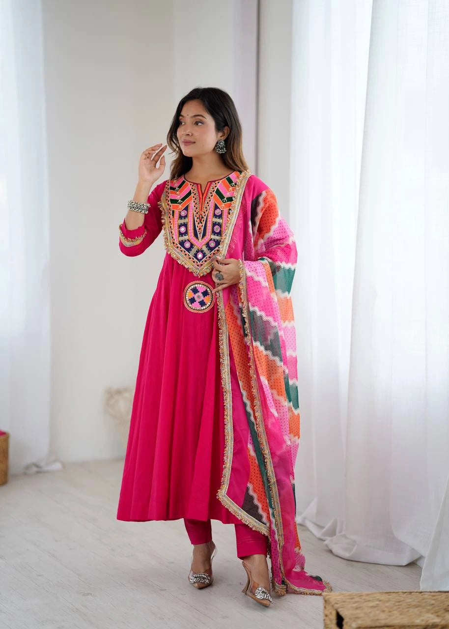 Dark Pink Embroidery Sequins With Mirror Work Khadi Cotton Suit