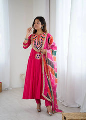 Dark Pink Embroidery Sequins With Mirror Work Khadi Cotton Suit