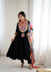 Black Embroidery Sequins With Mirror Work Khadi Cotton Suit