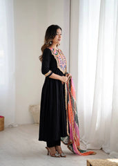 Black Embroidery Sequins With Mirror Work Khadi Cotton Suit