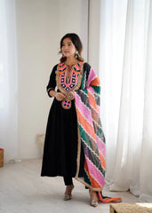 Black Embroidery Sequins With Mirror Work Khadi Cotton Suit