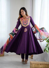 Purple Embroidery Sequins With Mirror Work Khadi Cotton Suit