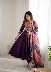 Purple Embroidery Sequins With Mirror Work Khadi Cotton Suit