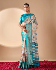 Beige Digital Print with Zari Woven Border Soft Lichi Silk Saree