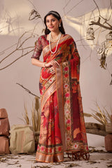 Red Digital Floral Print Linen Cotton Saree