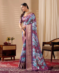 Purple Floral Print with Zari Woven Border Soft Lichi Silk Saree