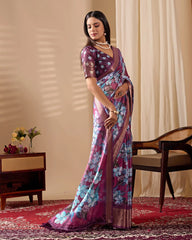 Purple Floral Print with Zari Woven Border Soft Lichi Silk Saree