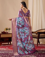 Purple Floral Print with Zari Woven Border Soft Lichi Silk Saree