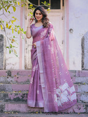 Purple Soft Linen Cotton Printed Saree