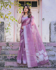 Purple Soft Linen Cotton Printed Saree
