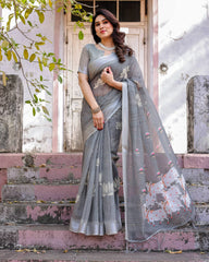 Gray Printed Soft Linen Cotton Saree