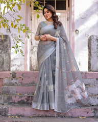Gray Printed Soft Linen Cotton Saree