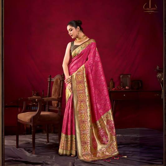Woman wearing a pink Banarasi silk saree with intricate gold zari border and traditional motifs, accessorized with gold jewelry, standing in a vintage-inspired setting with wooden furniture and a deep red backdrop.