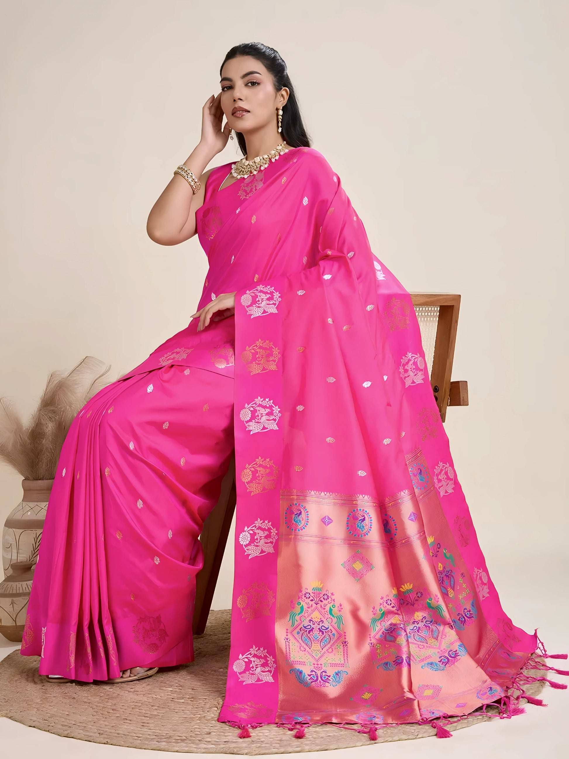 Woman wearing a vibrant pink Banarasi silk saree adorned with intricate gold and multicolor woven motifs and a contrasting gold pallu, paired with a matching blouse and traditional jewelry, elegantly posing beside a wooden chair in a minimalist studio setting with neutral decor, ceramic vases, and pampas grass.

Related
pink-embroidered-blouse-mirror-work-shell-tassels
Traditional pink blouse with mirror embroidery and shell tassels.