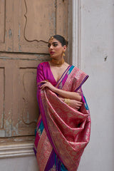 Close up of pink saree with intricate Kadwa style weaving