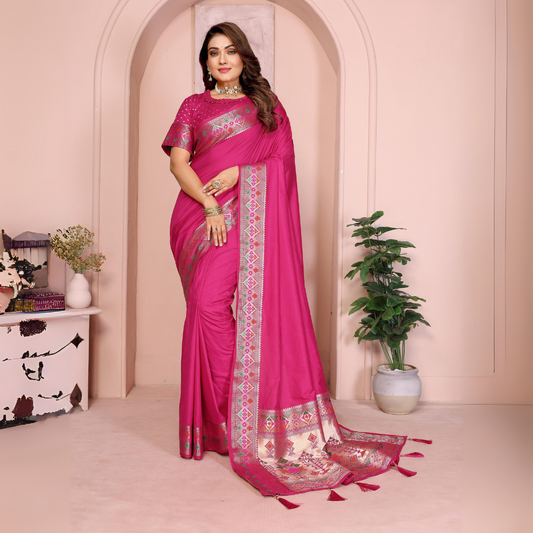 Woman wearing a magenta silk saree featuring a contrasting ethnic border with intricate geometric and floral patterns in gold and multi-color detailing, and matching tassels on the pallu. She pairs it with a matching blouse showcasing rich embroidery. She accessorizes with traditional choker, necklace, and bangles, standing elegantly in a pastel arched studio with potted plants and minimalist decor, presenting a refined and graceful ethnic look.