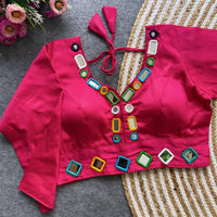 Pink Mirror Work V-Neck Silk Blouse