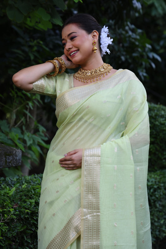 Pista Floral Embroidery Maheshwari Tissue Silk Saree - Elegant Traditional Women's Wear