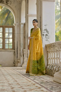 Brown Yellow Pochampali Soft Raw Silk Saree