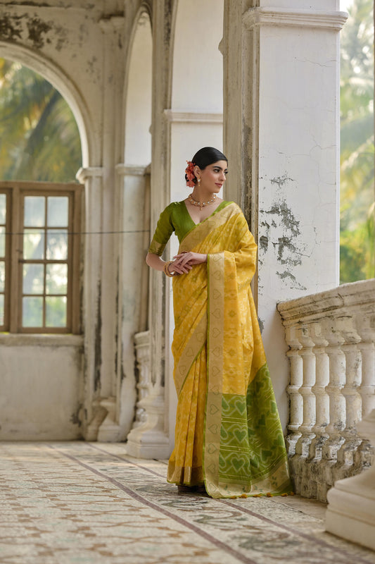 Woman wearing brown red Pochampali Ikkat saree