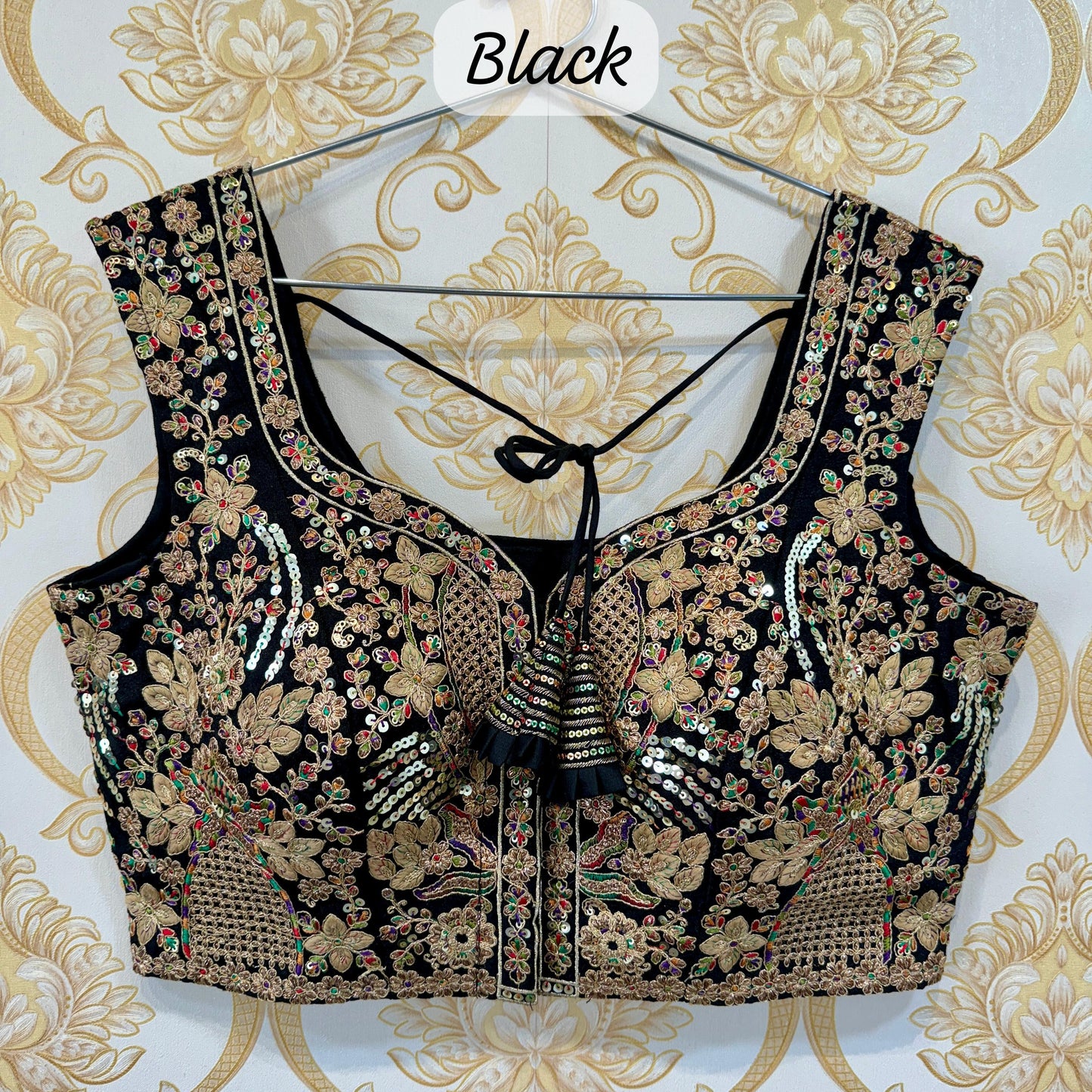 Premium Black TimoSlub Silk Blouse with Elegant Codding and Sequins 