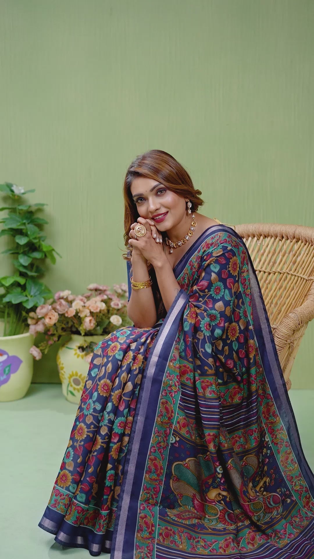 Navy Blue Kalamkari Print Mul Cotton Saree