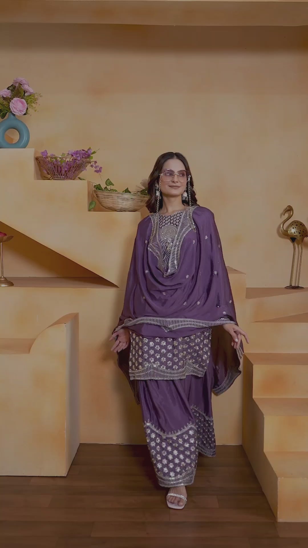 Lavender Sequins Embroidery Work Chinon Suit