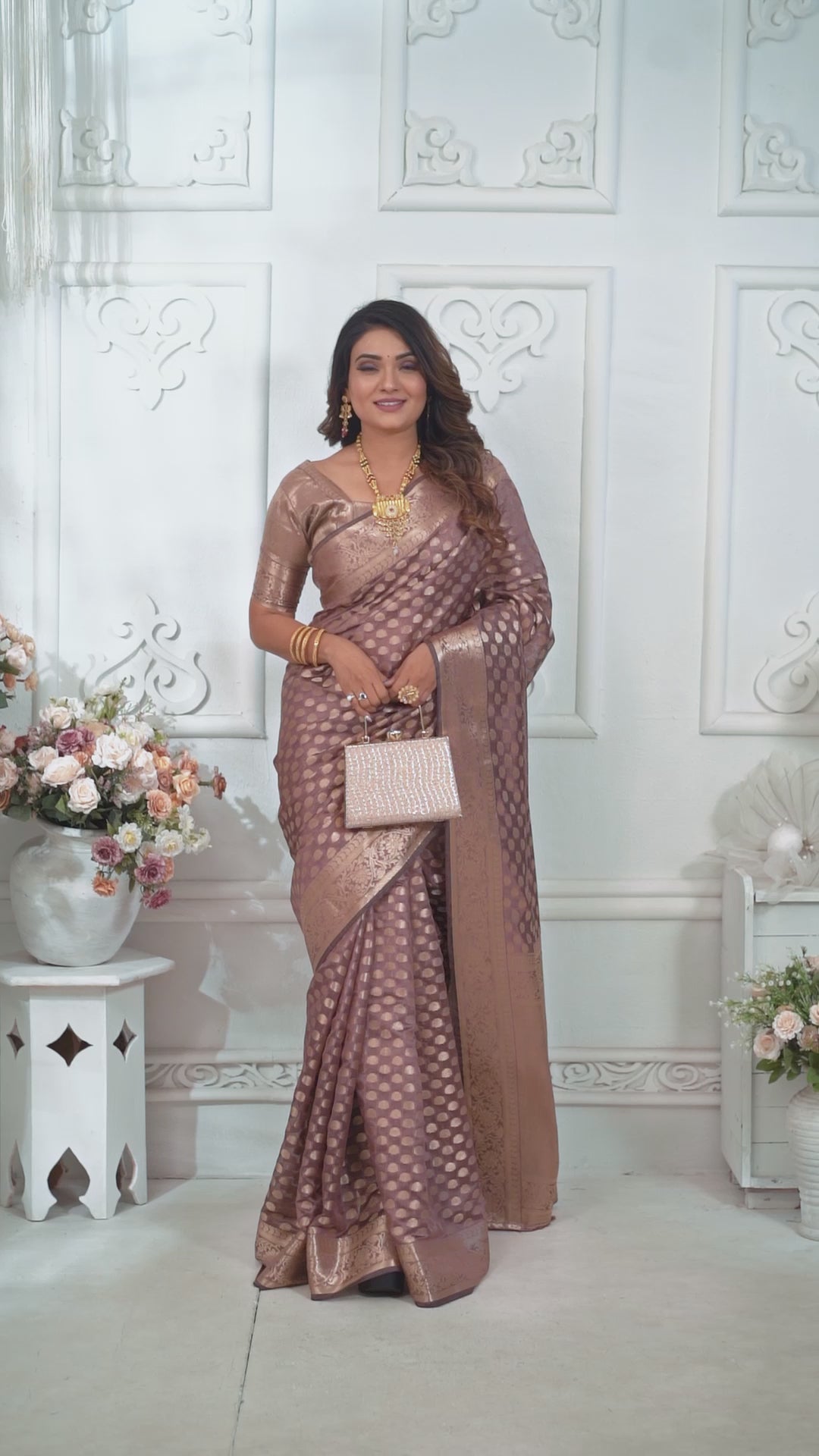 Copper Gold Zari Weaving Soft Organza Banarasi Silk Saree