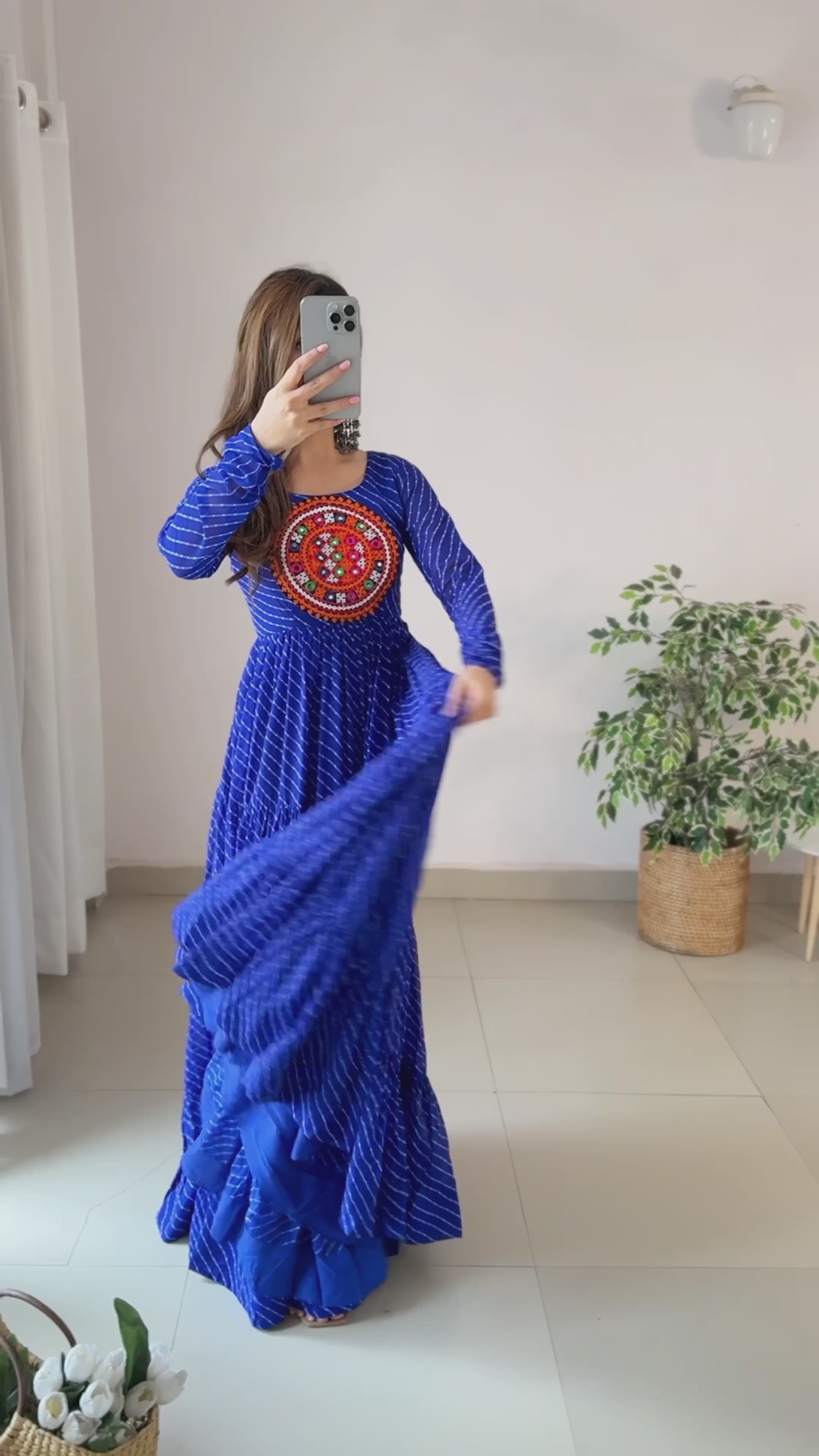 Blue Gamthi With Laheriya Print Fox Georgette Gown